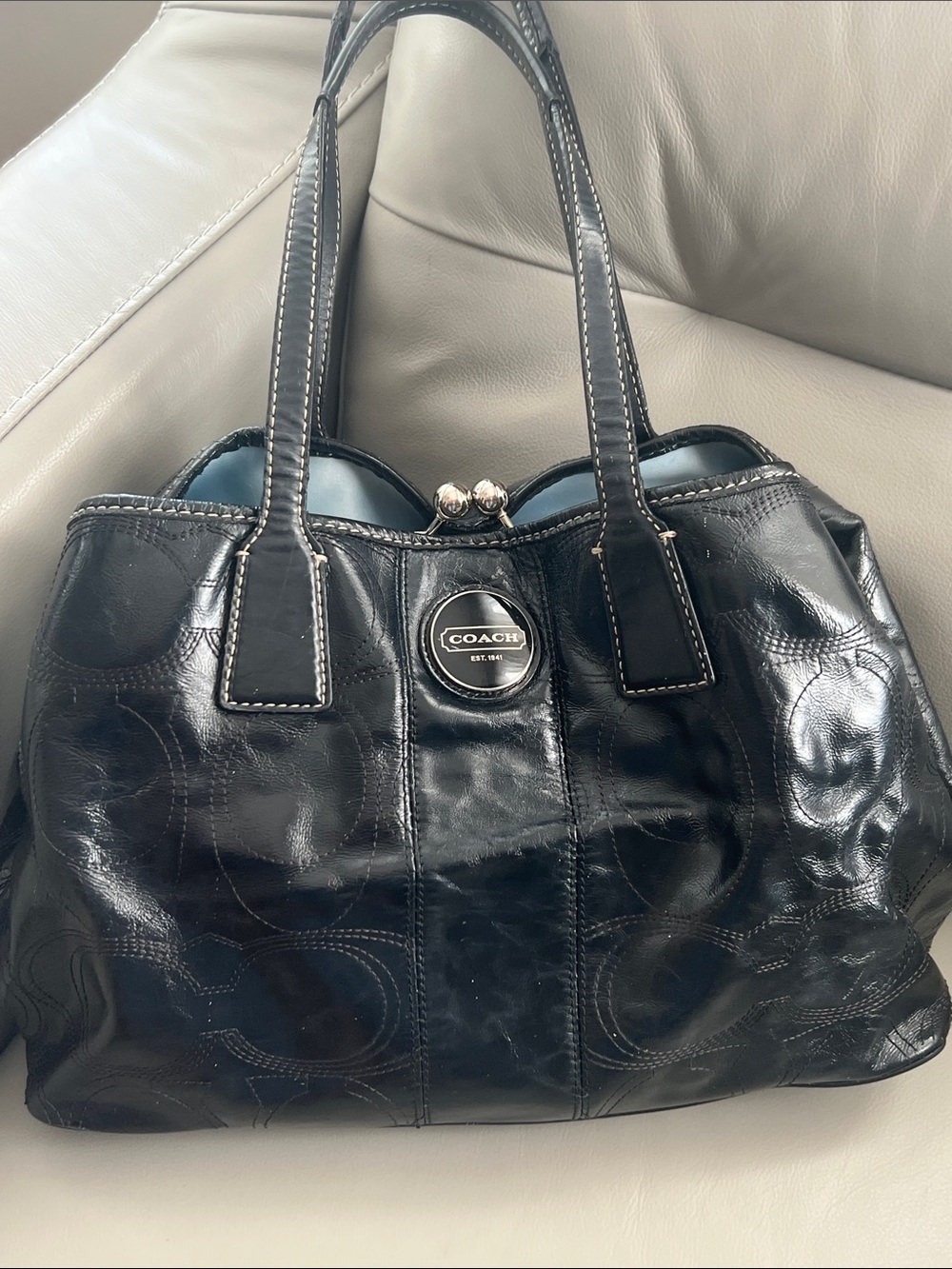 Coach Legacy Kisslock Black Patent Leather Shoulder Tote with Logo Medallion